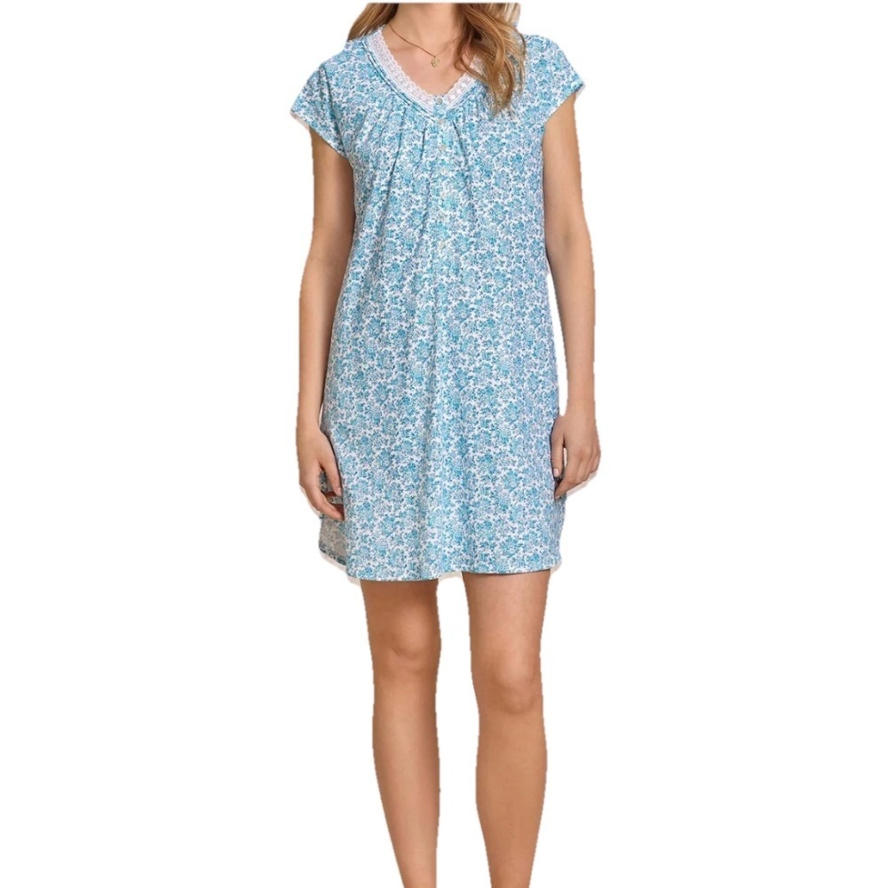 Eileen West Morning Meadow 100% Cotton Knit 36" Nightshirt Size 1X Blue & White